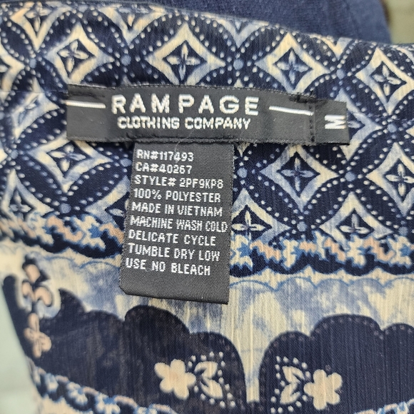 Rampage Navy Blue Satin Trim Sheer Print Waist Defined Bell Sleeve Tunic Top - Picture 8 of 14